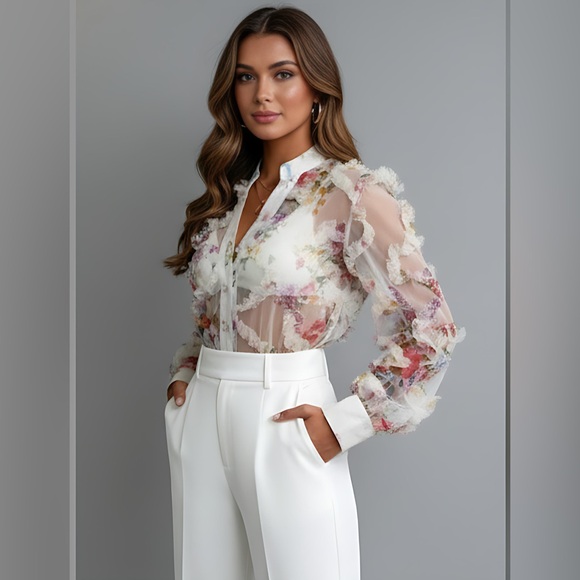 Floral Chiffon Ruffle Sheer Blouse - Picture 2 of 5